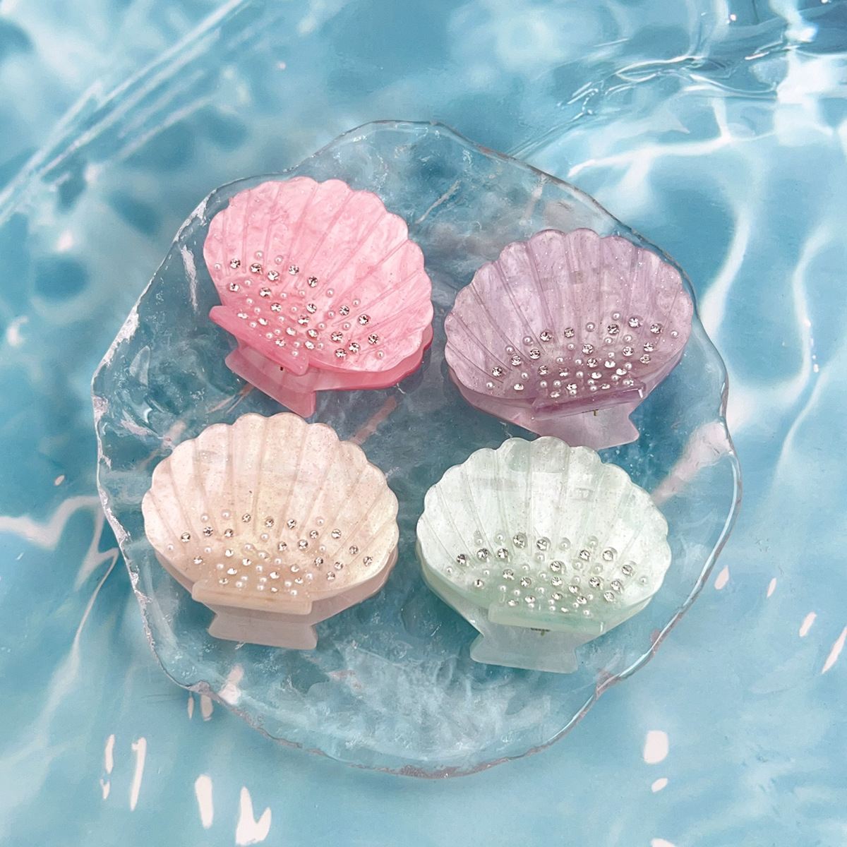 Gemerlapan Kristal Mewah Berlian Buatan Putih Asetat Cakar Rambut Perhiasan Cangkang Laut Klip Cakar Rambut Kecil Aksesori Rambut untuk Wanita